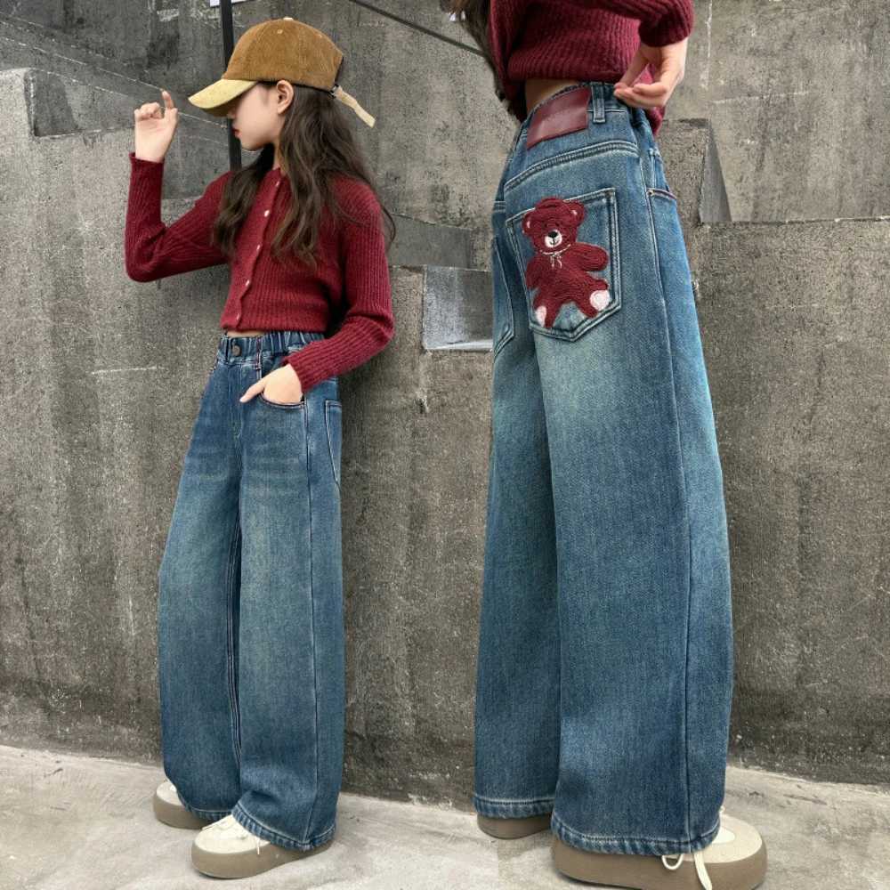 Girls Jeans Spring Autumn New Bear Embroidery Big Kids Trendy Straight Leg Denim Pants Children Wide Leg Trousers 4-14YearsT250326