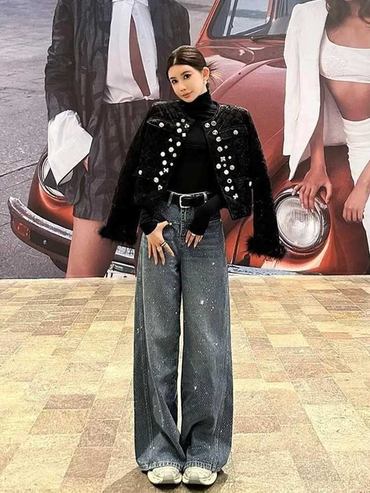 American retro hot diamond straight jeans womens spring high street design high waist loose thin wide leg pantsT250319