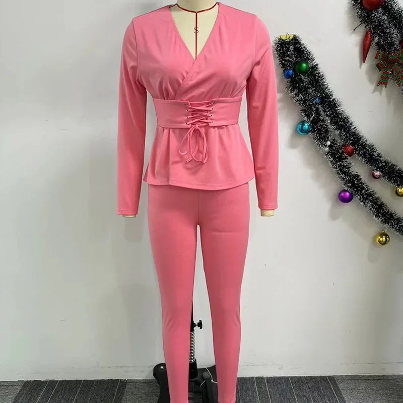 Solid Color Sexy Club Outfits for Women Two Piece Set Elegant Workwear Office Lady Lace-up Corset Tops and Pants Matching Sets 250320