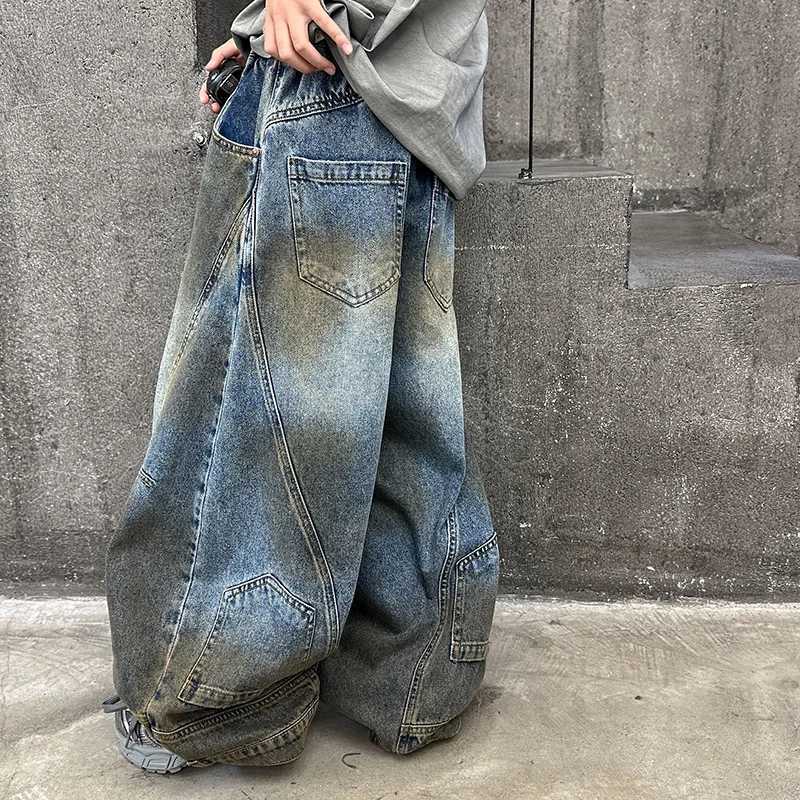Cowboy childrens pants with loose fit and dirty wash design wide leg childrens jeans suitable for girls fashionable boys jeans Trousers niche wearT250