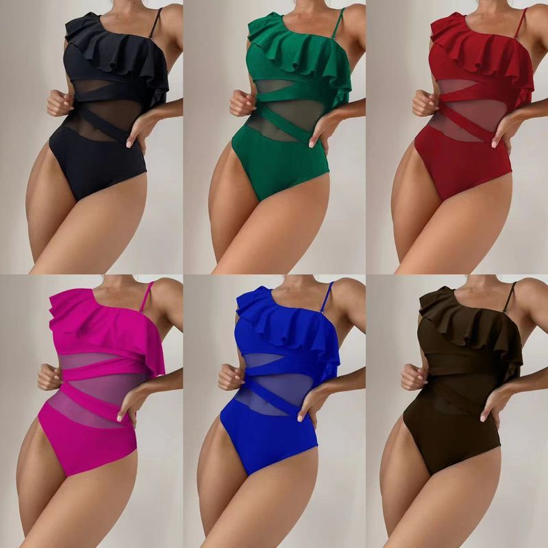 2025 New Multi Color Wood Ear Edge Shoulder Mesh Hollow Sexy One Piece Swimsuit Female European And American Foreign Trade Bikini