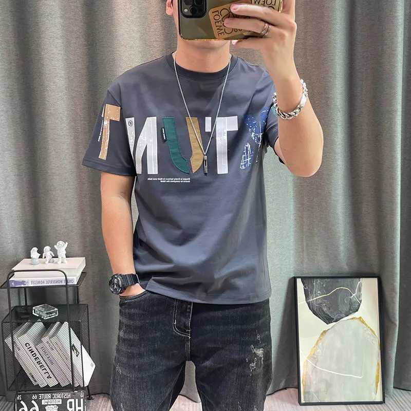 2023 Summer New Street Letter Printed T-shirt Mens Round Neck Short Sleeve Loose Casual Cotton ZipperT250319