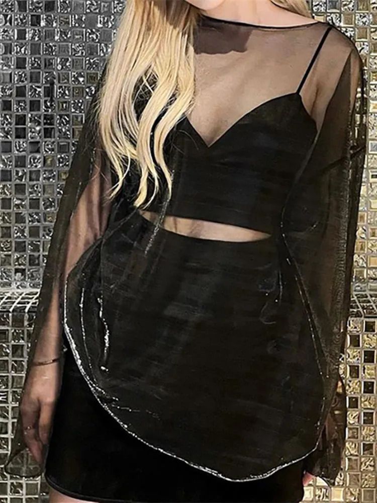 See Through T Shirts For Women Y2k Clothes Sexy Crop Tops Long Sleeve Oversized Tshirt O-Neck Club Outfit Reflective Egirl Tees 250320