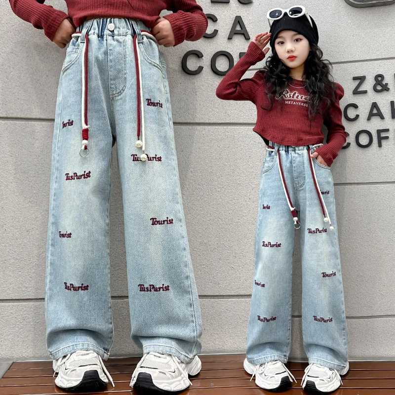 Loose Embroidered Letter Childrens Wide Leg Trouser Casual Elastic Waist Straight Leg Pants Teen Girls Jeans Childrens ClothingT250326