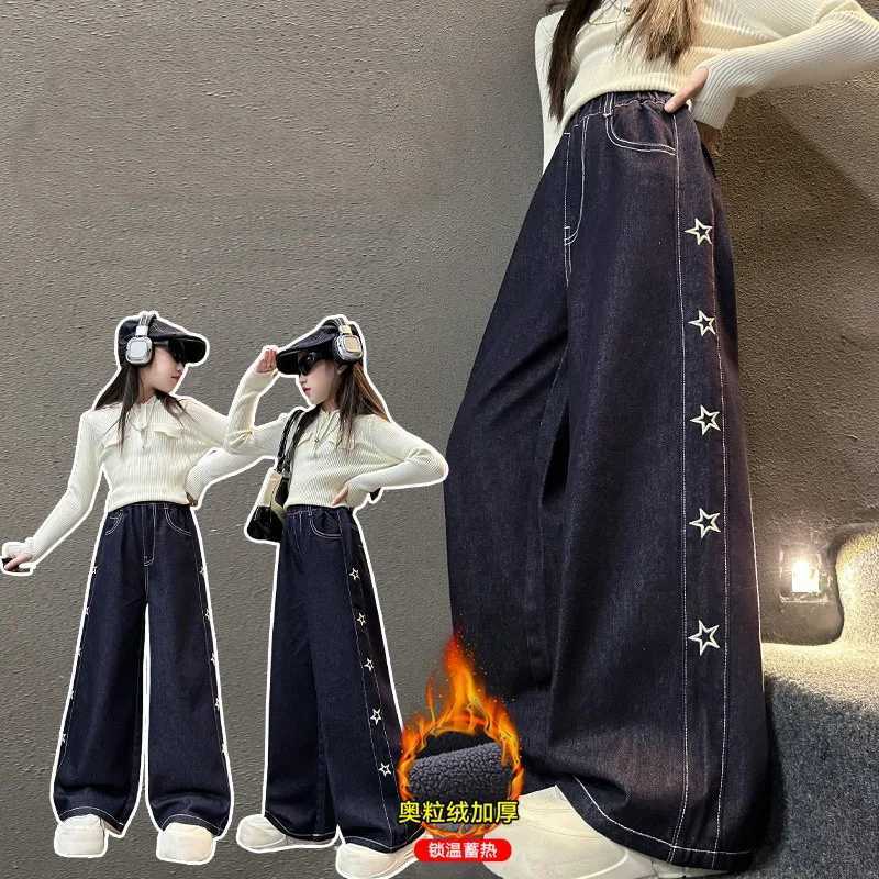 Girls Warm and Thick Jeans Autumn Winter Kids FIve Star Design Trousers Teen Childrens Fleece Lined Loose Wide-leg Denim PantsT250326