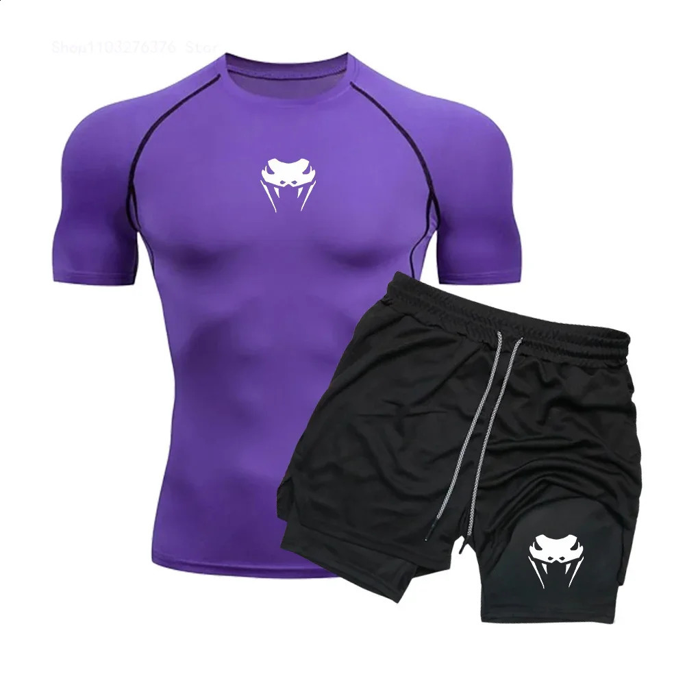 Mens Compression Clothing Sports Fitness Quick-drying Clothing Tight Short-sleeved Anime Double-layer Shorts Summer Suit S-3XL 250319