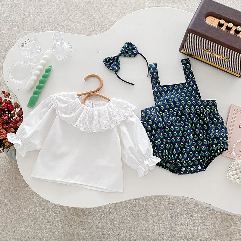 Autumn Korea Baby Girls 2PCS Clothes Set Cotton Solid Lace Collar Shirts Flower Printed Suspender Romper Suit Infant Girl Outfit 250319