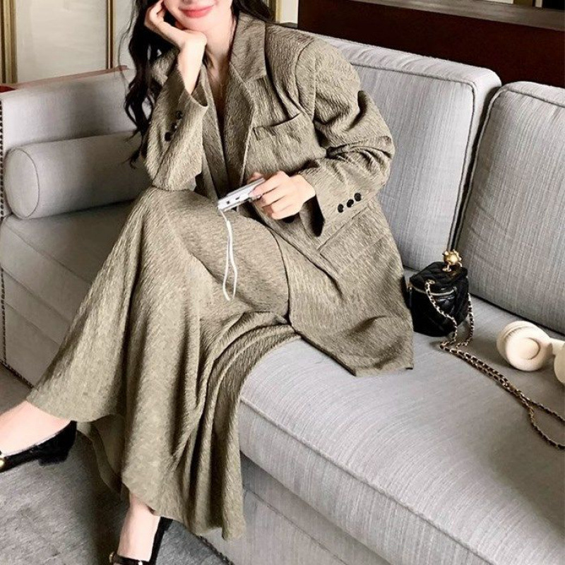 L318Chic Korean Design Double-Breasted Women's Suit Dress with Flared Hemline and Long Sleeves for Spring/Autumn Wear 2025