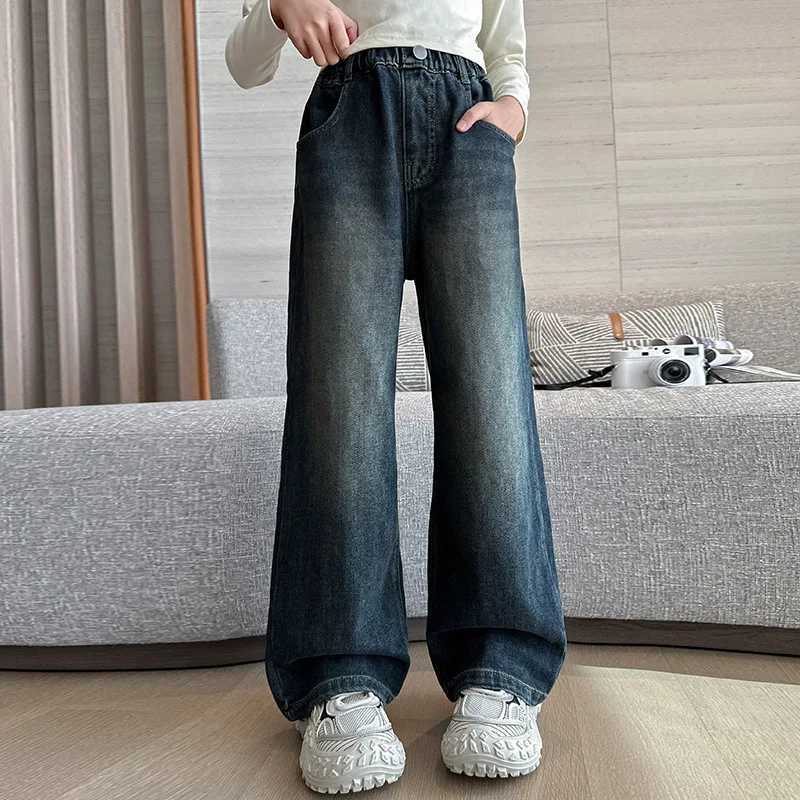 2024 New High Quality Girls Jeans Retro Denim Wide Leg Pants Childrens Clothing Casual Solid Youth ClothingT250326