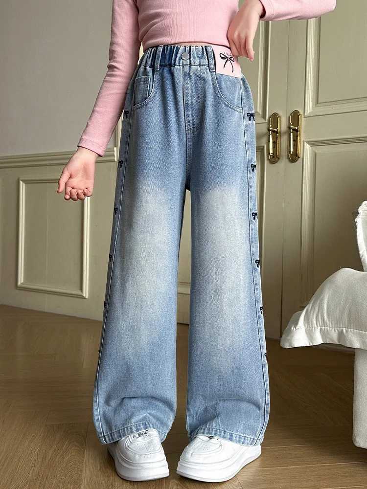 Girls Spring Thin Side Seam Embroidered Bowknot Jeans Loose Straight Wide Leg Denim Pants Teenagers Pure Color Washed TrousersT250326