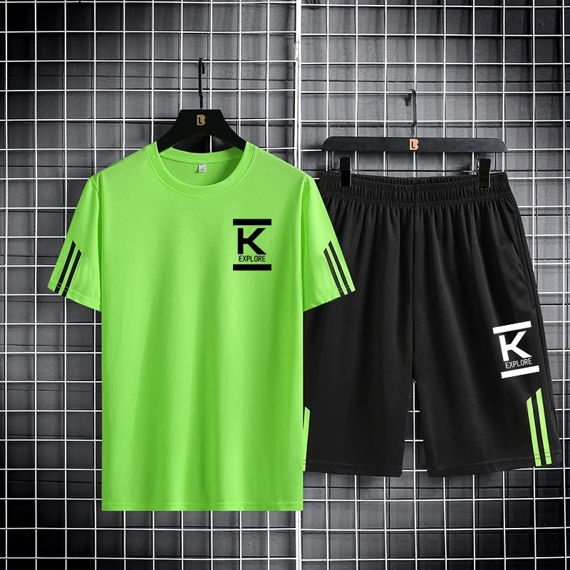 Trendy and fashionable mens sports suit short sleeved quick drying ice silk three bar mesh breathable running two-piece set 250320