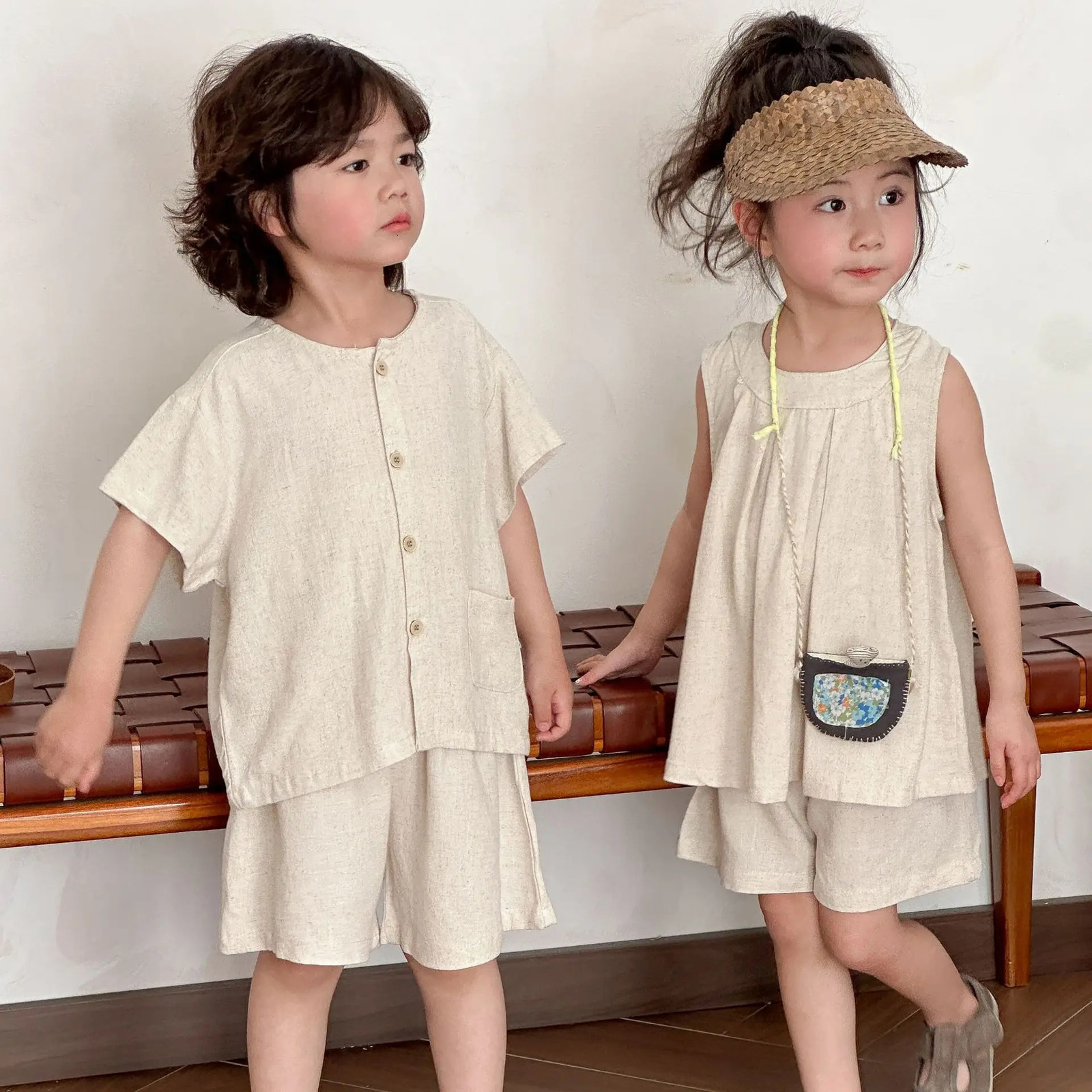 Summer Kids Clothes Set Cotton Linen Tshirt Solid Shorts Boys 2Pcs Suit Short Sleeve Children Girls Outfits Sibling Look 250319