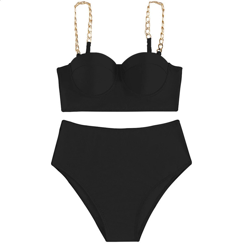 7 Colors High Waist Bikini Set Padded Hard Wrap Top With Chain Shoulder Strap 2025 Fluorescent GreenBlackBright Orange 250319