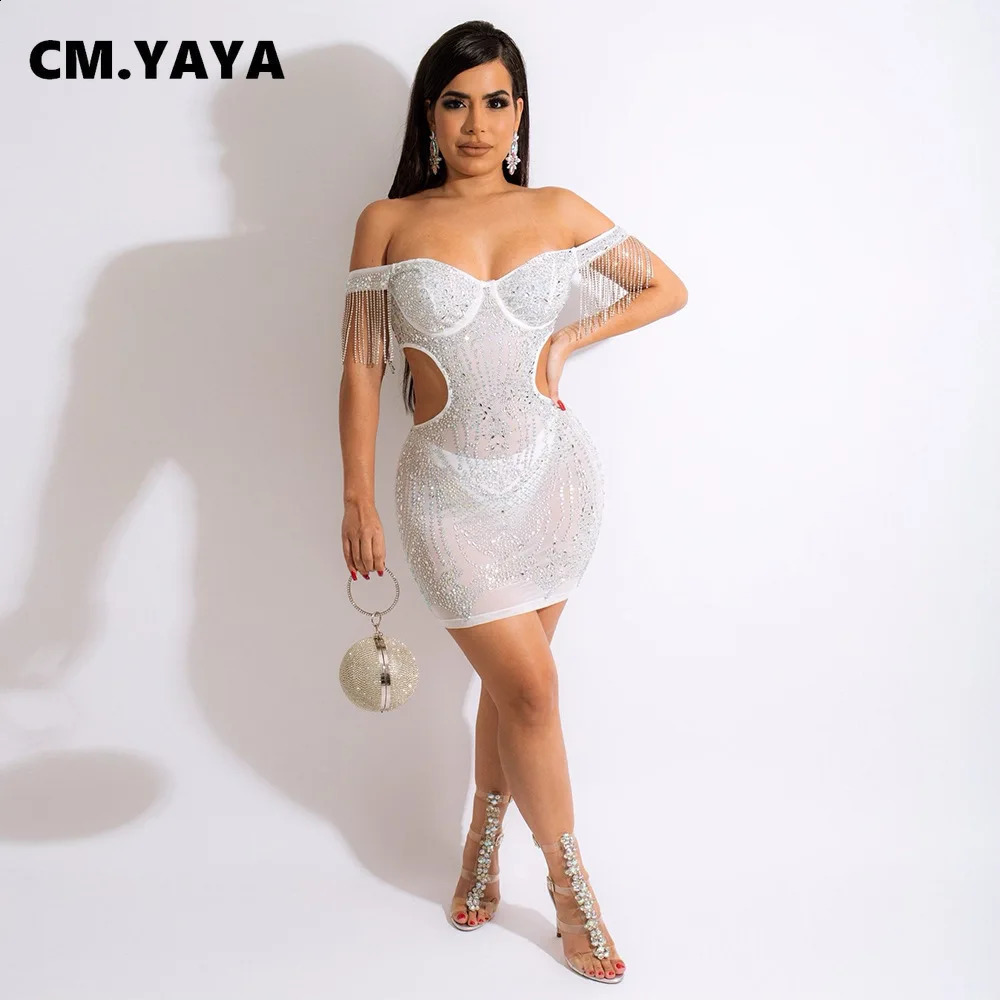 CMYAYA Womens Diamond Mesh Through Shoulders Tassel Sleeves Body Midi Dress Sexy Night Party Style 250317