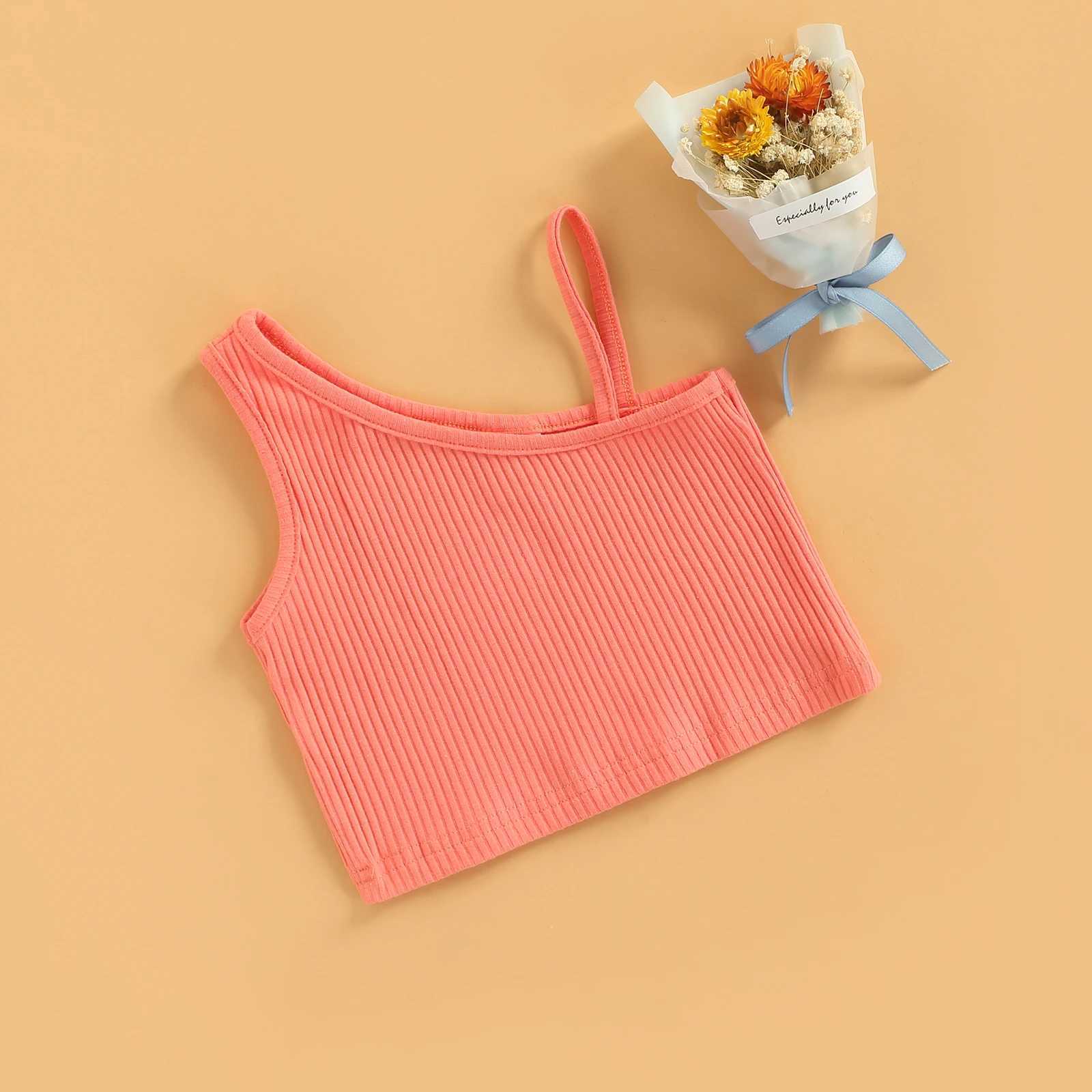 Breathable summer little girl vest childrens sweet style solid color slotted shoulder sleeves short sleeved casual top 2-8TT250320