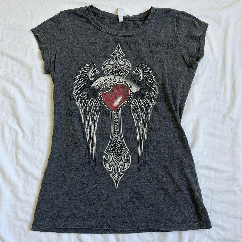 2000s Retro Y2K Cybery Grunge Emo Baby Tees Rhinestone Graphic Print T-shirt Japanese Harajuku Mall Goth Short Sleeve Crop Tops 250319
