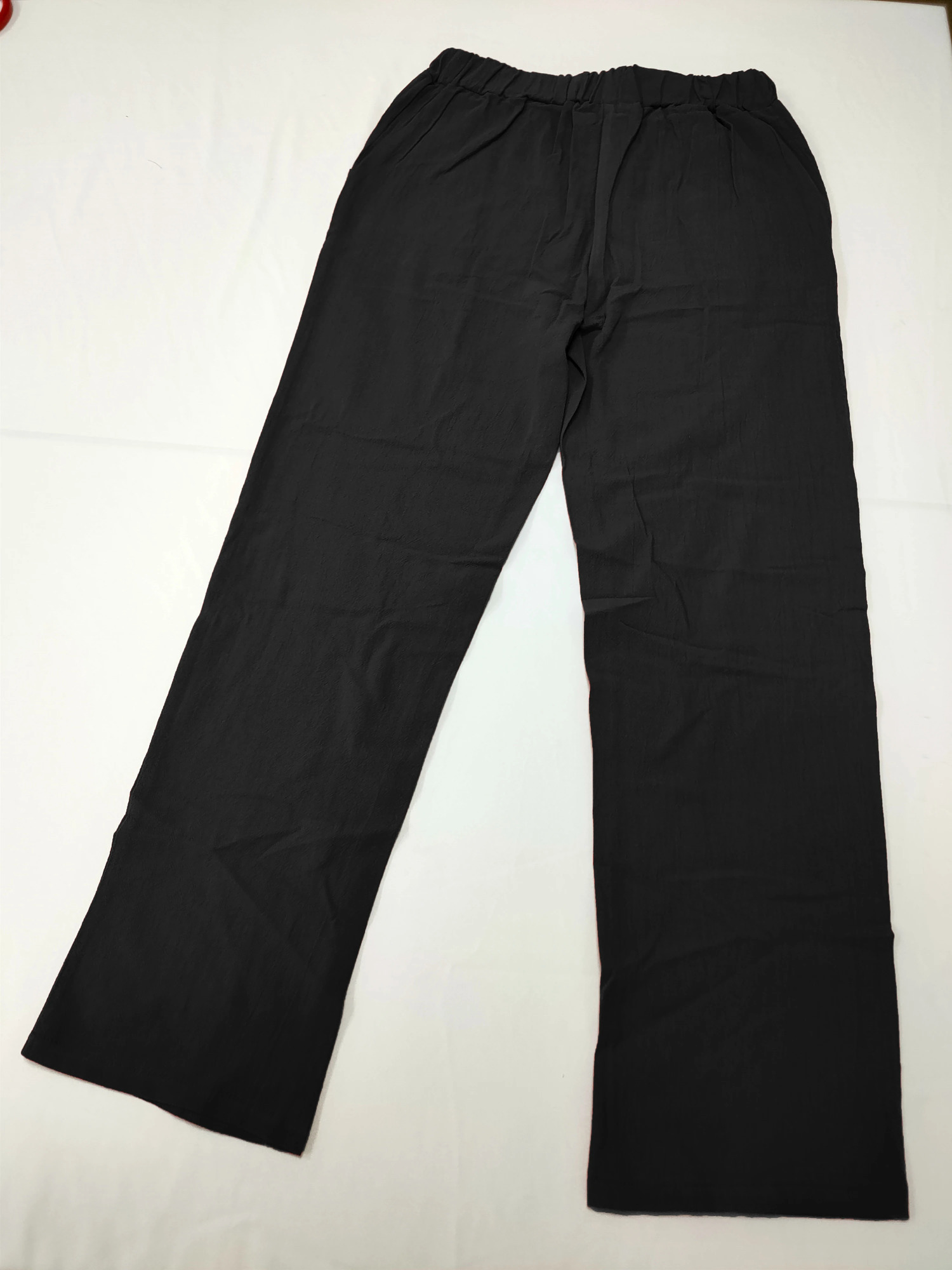 womens cotton and linen pants solid color casual elastic high waist straight trousers for women 250320