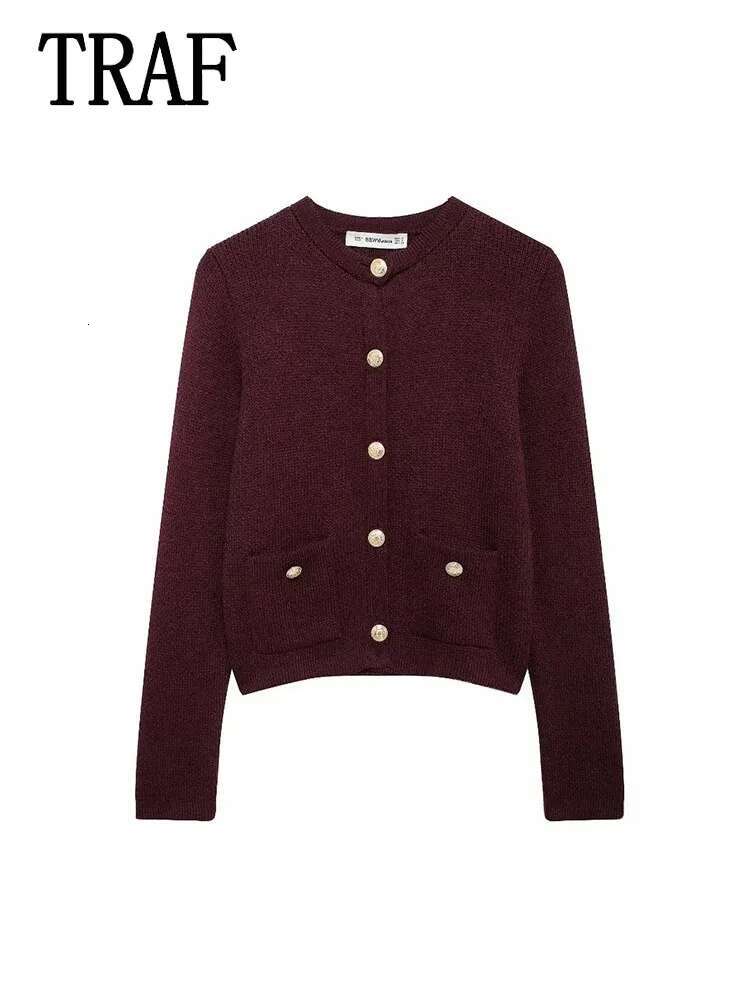 Autumn Golden Breasted Cropped Cardigan Knitted Short Sweaters Cardigans For Women Long Sleeve Button Knitwears Coat