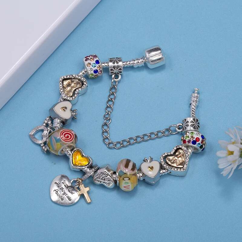 Silver Color Crystal Heart Cross Beads Charm Bracelet With DIY Brand Bracelets Bangles For Women Men Jewelry Gift Dropshipping
