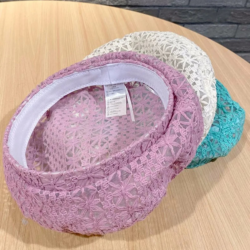 Multi Colored Summer Crochet Beret for Women Slouchy Breathable Lace Beret Hat Cutout Floral Beanie Cap Head Covering Cotton Hat 250320