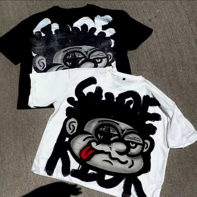 Retro Large Pattern Cotton T-shirt Mens Y2K Summer Short Sleeve Retro Extra Large T-shirt Womens TopT250319