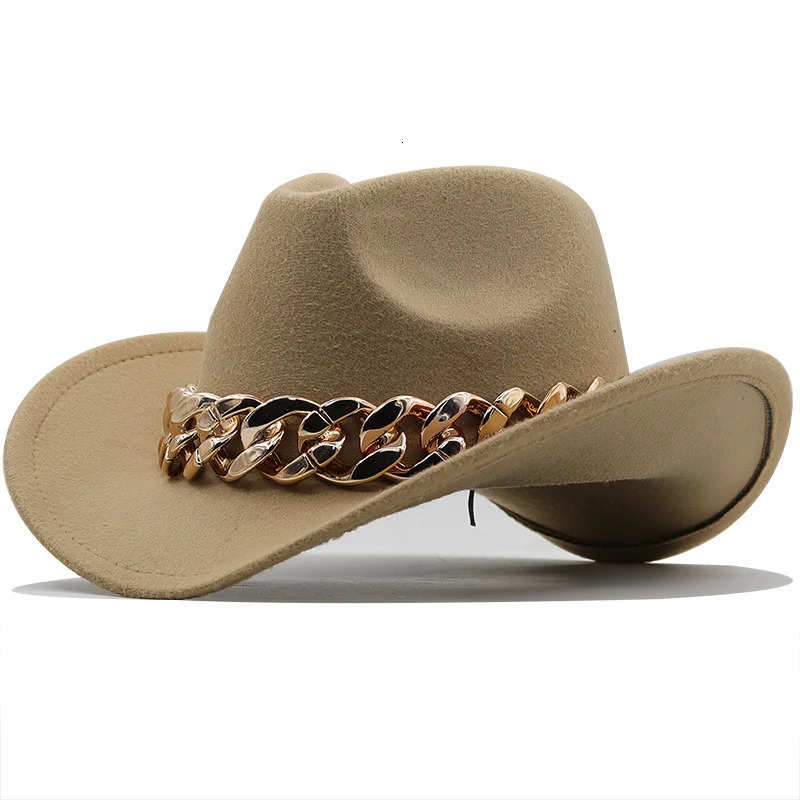 Men Women Western Cowboy Hat With gold chain Wide Brim Hat Pop Jazz Hat Winter Wool Hat Size 56-58CM 250320