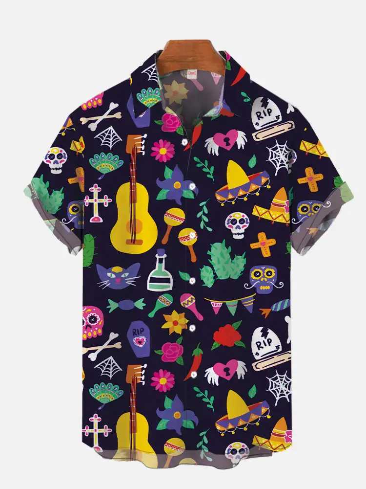 Fashion Mens Hawaiian Shirt Mexican Style Colorful Graffiti Art Poster Printing Short Sleeve Hawaiian Style Clothing M250320