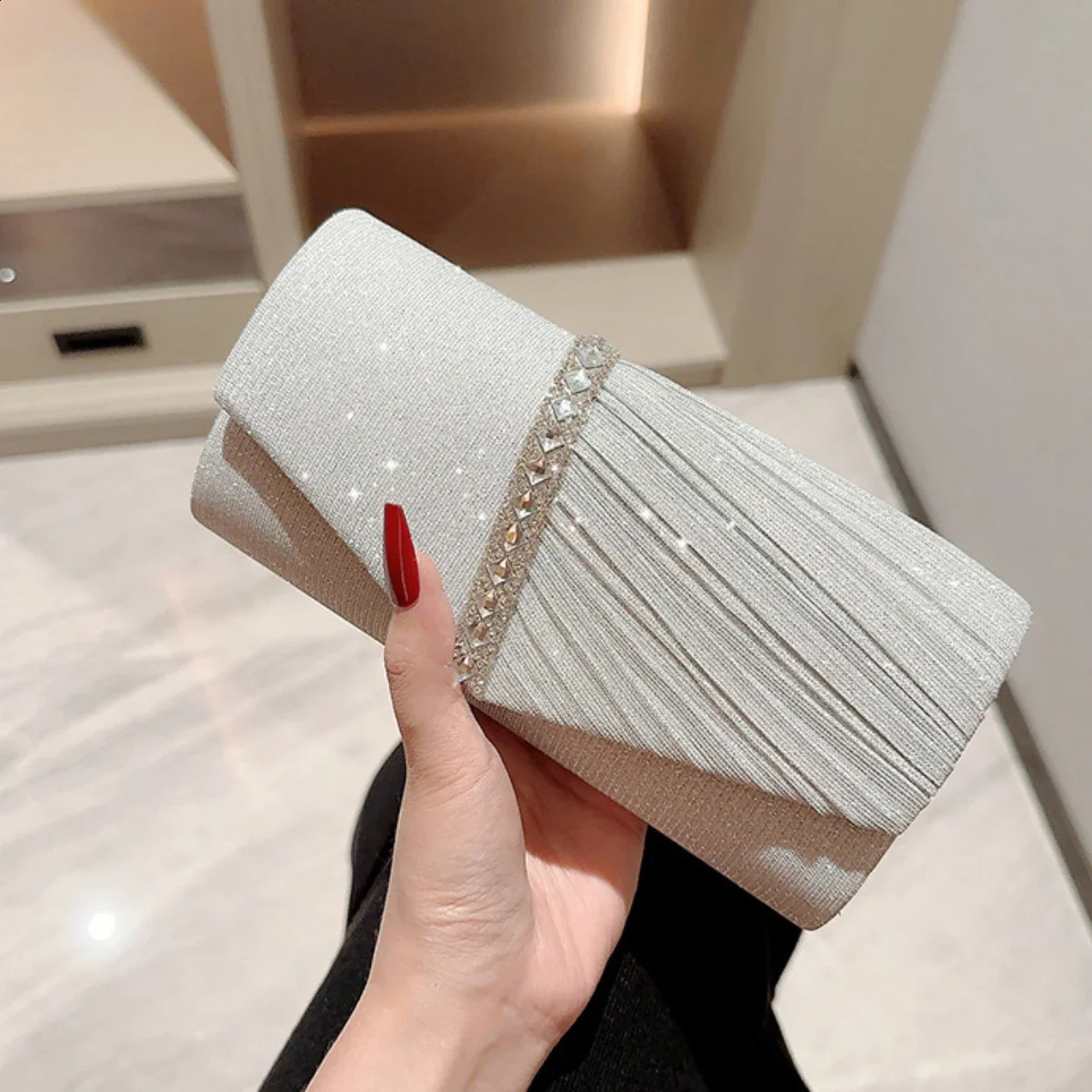 Ladies Flash Silver Clutch Bag Envelope Evening Fashion Elegant Long Wallet Chain Shoulder Wedding Party Handbag 250317