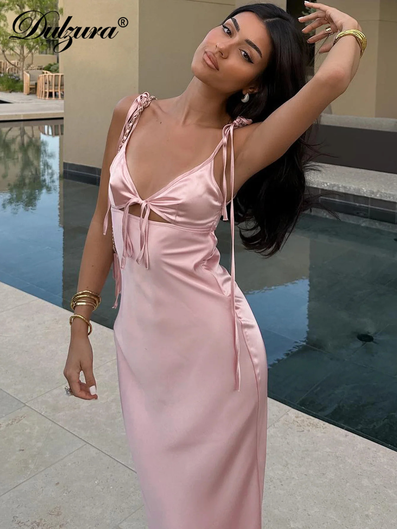 Dulzura Backless Lace Up Spaghetti Straps Cut Out Midi Dress Women Club Holiday Evening Party Dresses Y2K Clothes Drop 250319