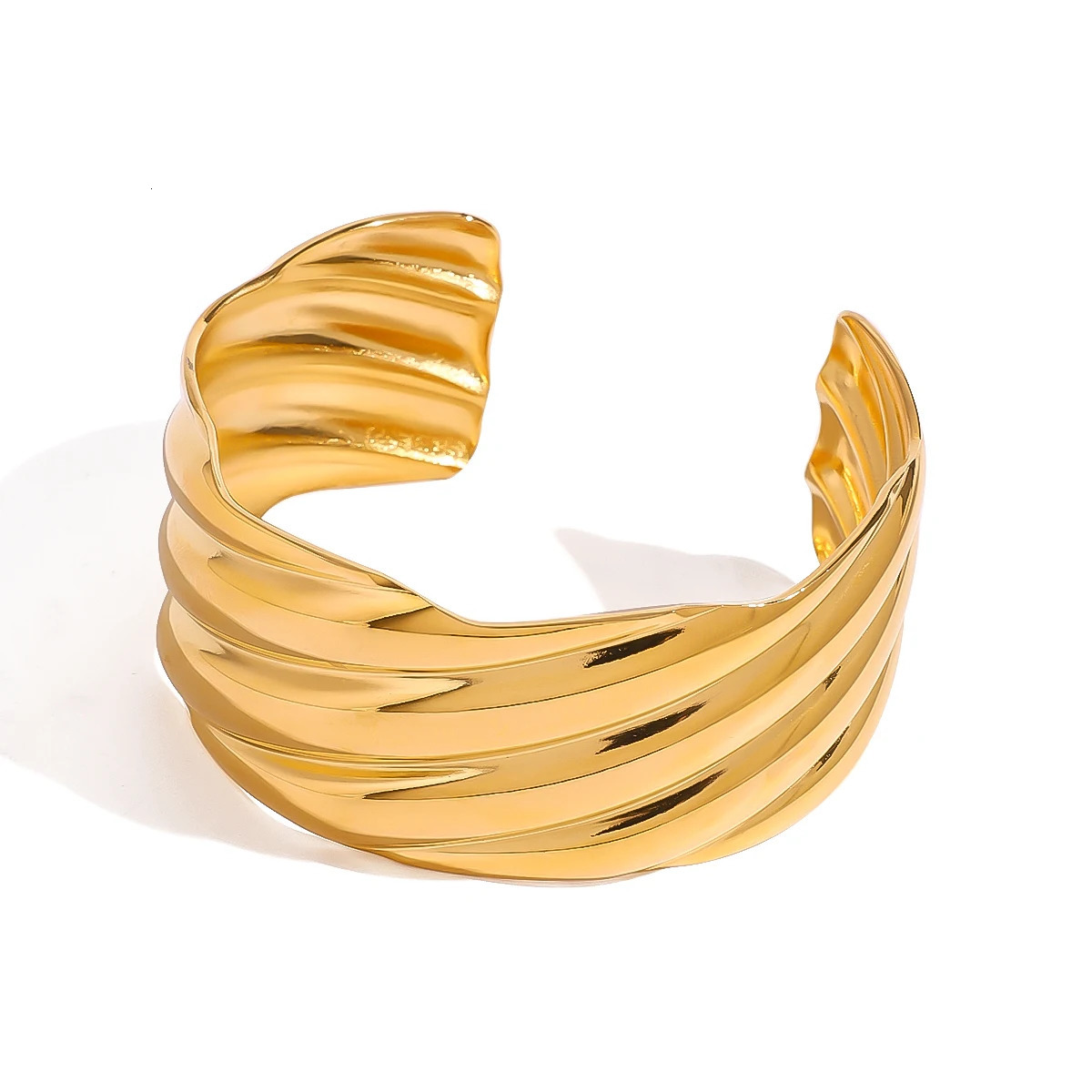 Exaggerated 18k Gold Plated Stainless Steel Corrugated Simple Open Bangle Cuff Bracelet Bijoux Femme Waterproof Jewelry 250320