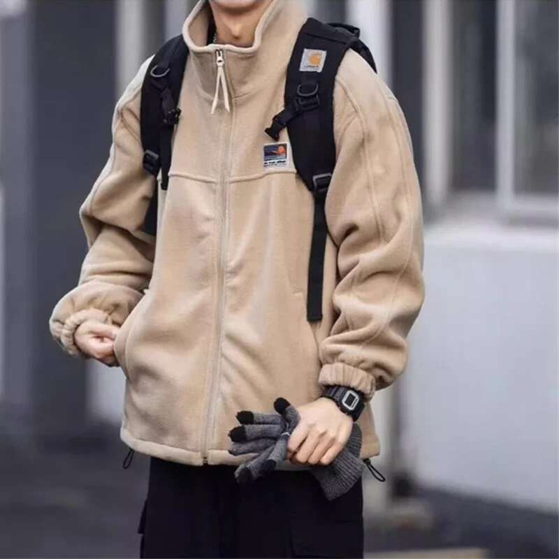 Autumn Vintage Polar Fleece Jackets Man Appliques Zipper Loose Fit Outwear Lambswool Coat Winter Stand Collar Bomber Jacket