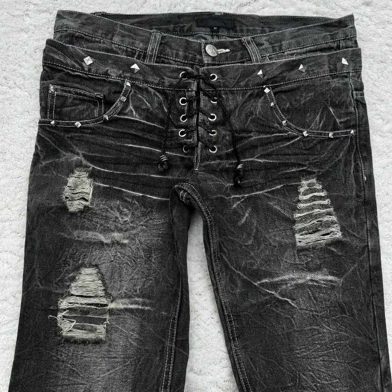 Y2K vintage jeans with damaged holes washed Gothic style jeans high-quality trend double waist adder mens pantsT250319