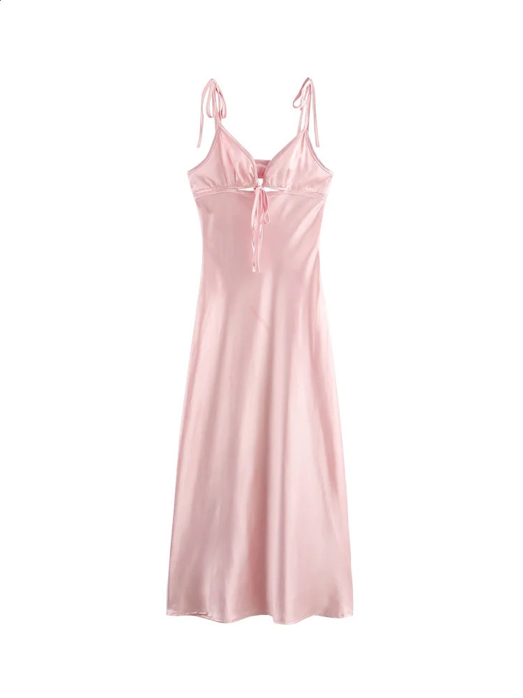TRAF Womens Pink Hollow Satin Dress No Back Sexy Party Evening Dress Temperature Elegant Fashion Long Dress 250314
