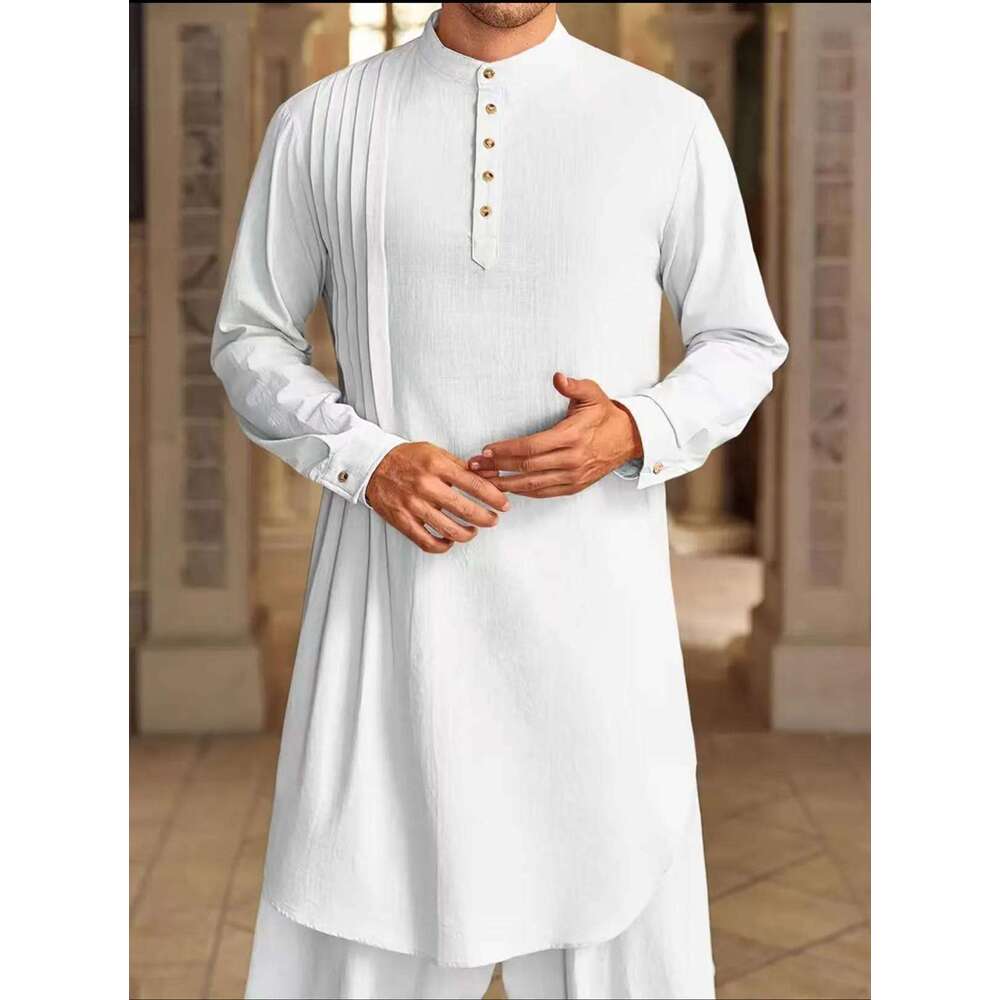 2025 New Arab Malaysian Men's Button Cotton And Hemp Shirt Muslim Robe