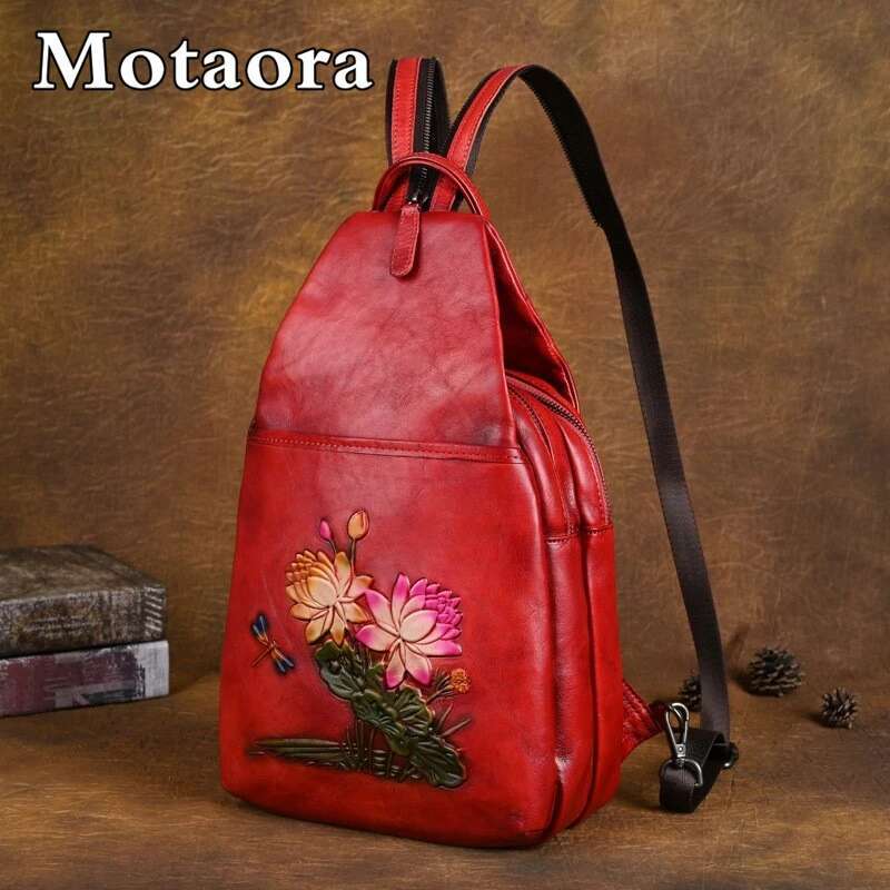 MOTAORA Genuine Leather Women Retro Emed Cowhide Shoulder Bag Travel Backpack Casual Work & Purse