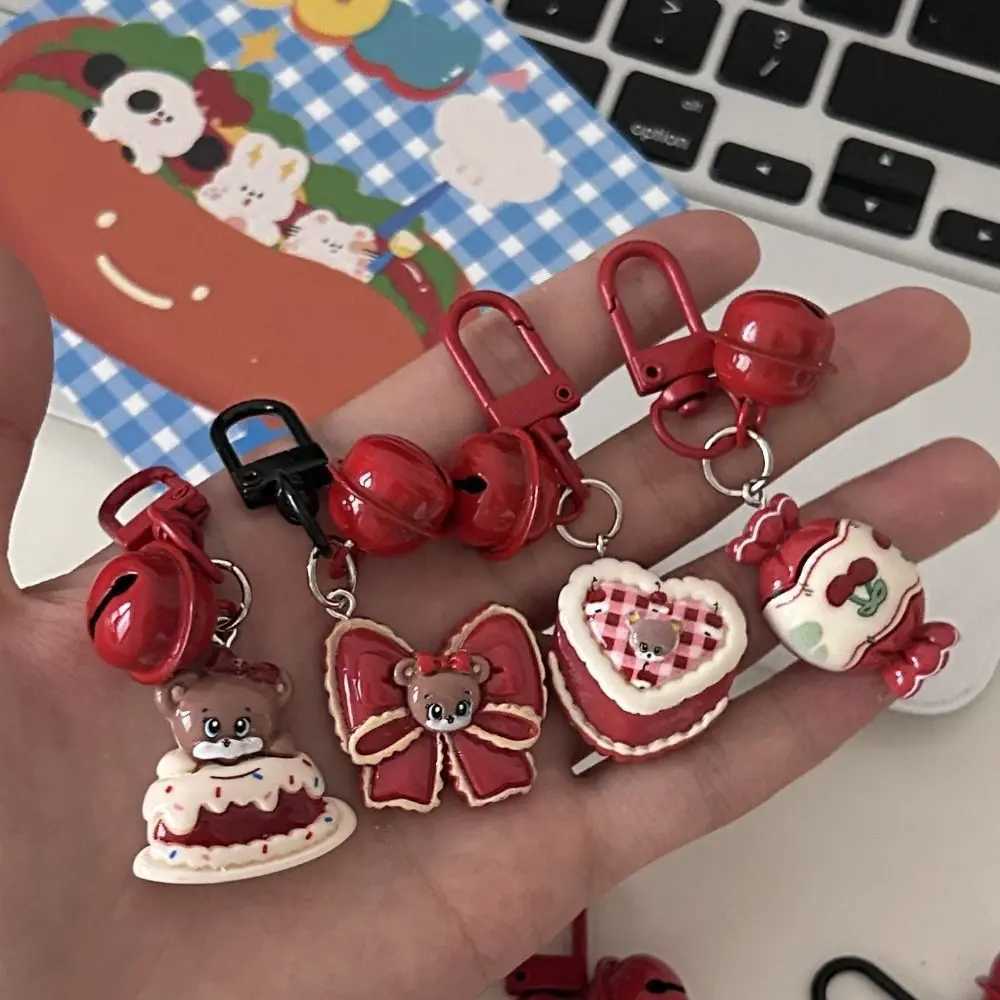 Vintage Berry Red Cartoon Bear Resin Keychain Cute Bear Cake Cherry Bell Keychain Womens Bag Charm Earphone Pendant Small GiftXJ250319
