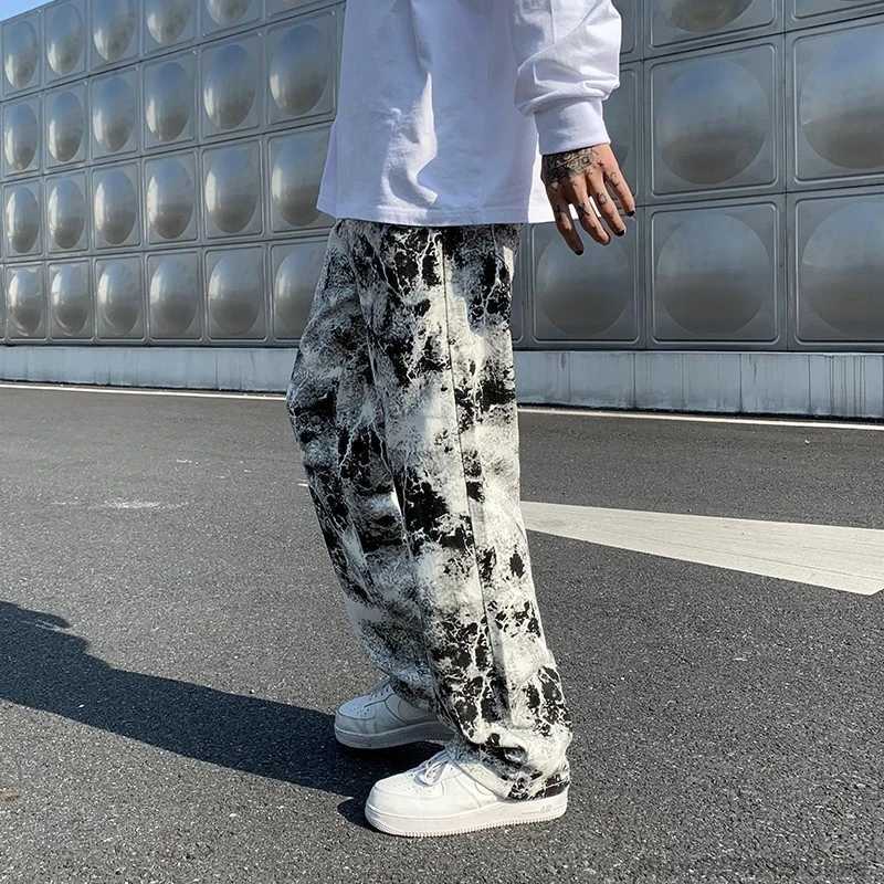 Mens jeans tie dye unisex printed jeans spring mop Trousers Korean high street loose hip-hop straight pantsT250319