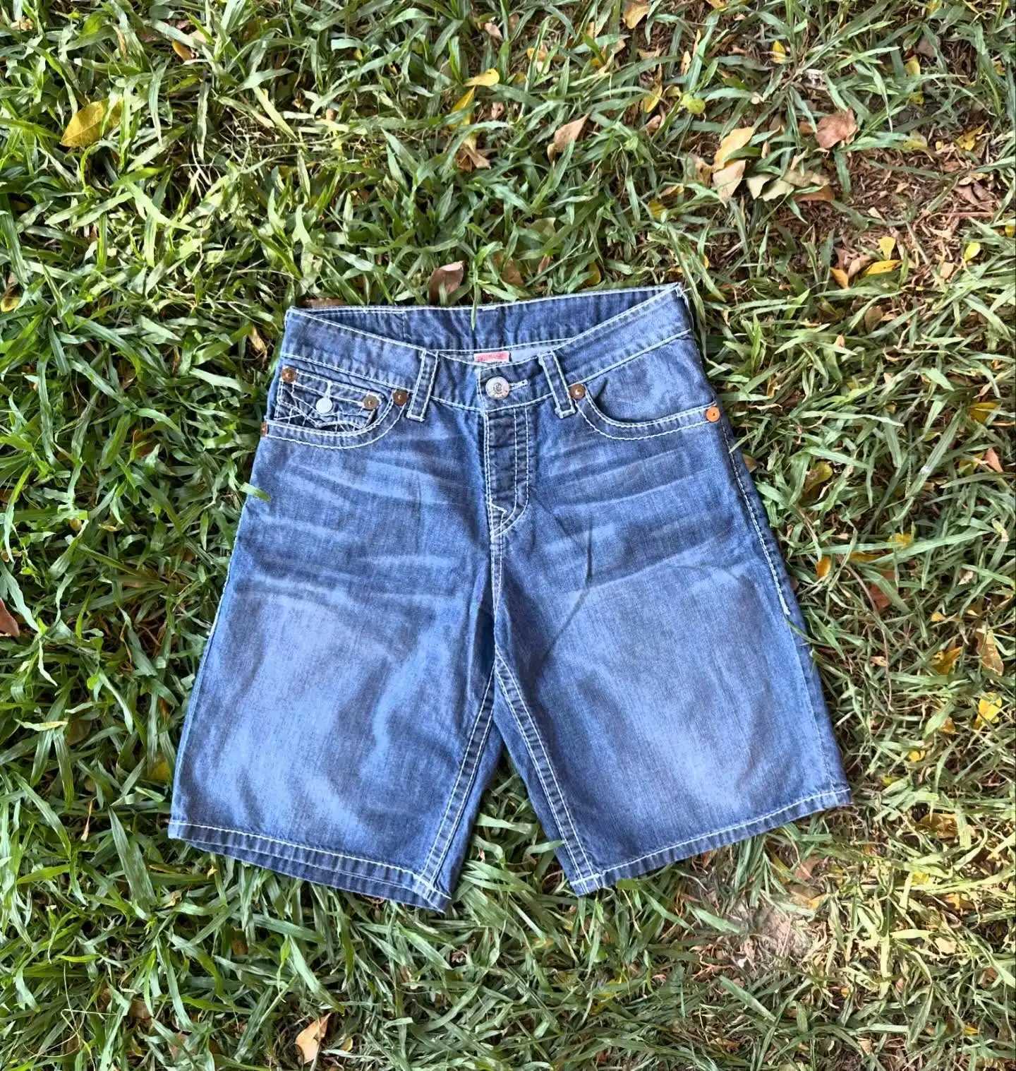 Harajuku Y2k Vintage Brand Streetwear Embroidery Short Denim Pants Buddha Blue Shorts Baggy Jeans Sweatpant Men Clothing W250319