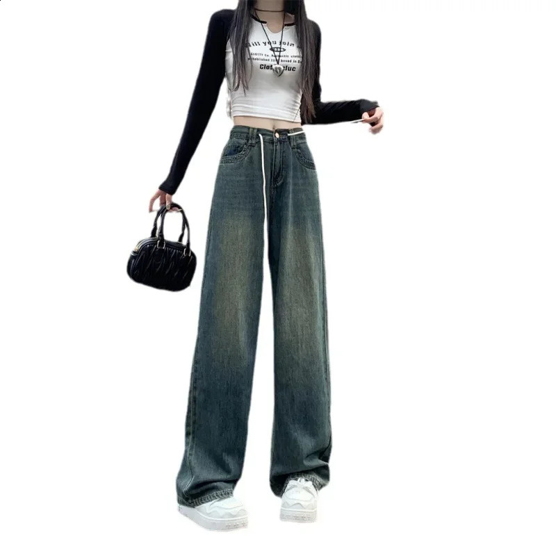 Autumn Plus Size Elastic Waist Slimming Vintage Wide Leg Jeans For Plump Women Casual Comfortable Stretch Denim 250319