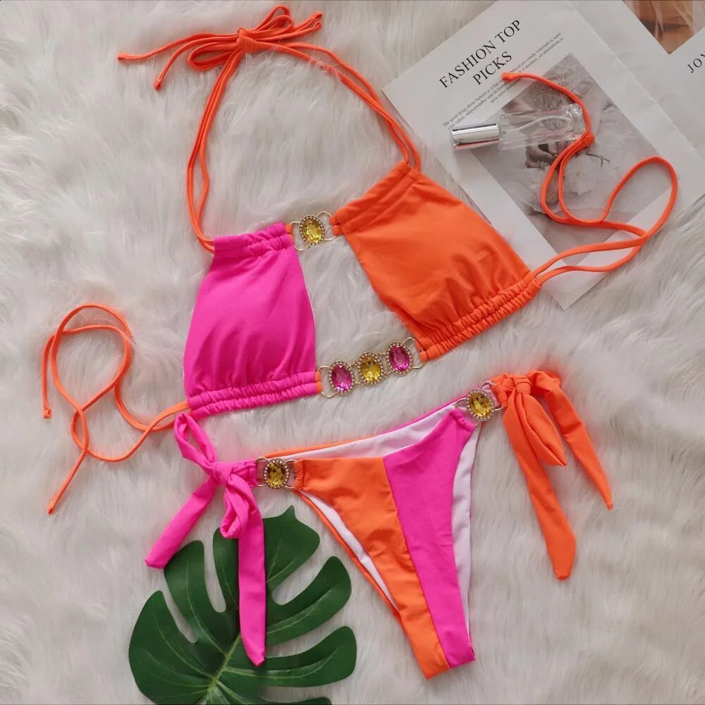 SERENECHIC 2025 Sexy Splicing Bikini Set Crystal Diamond Blocks Color Two Piece Swimsuit Womens Beach Wear 250319