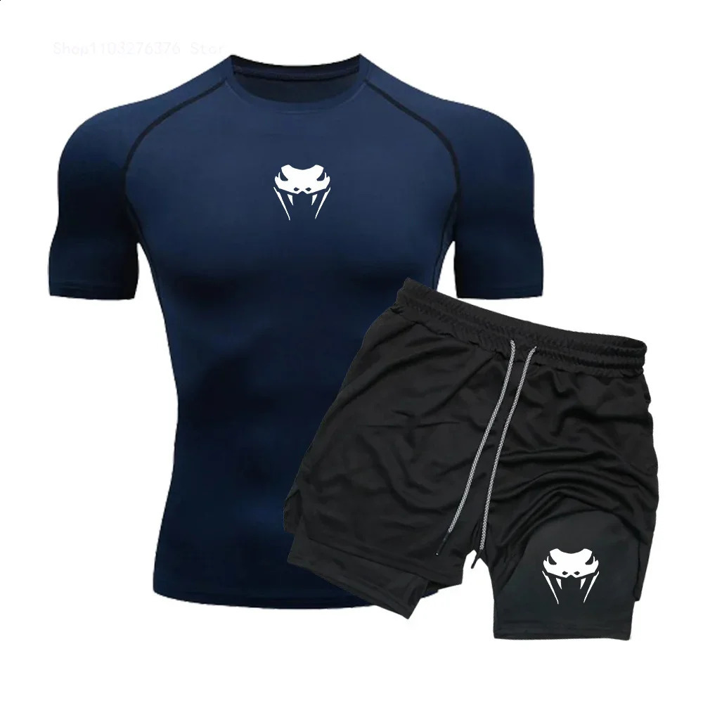 Mens Compression Clothing Sports Fitness Quick-drying Clothing Tight Short-sleeved Anime Double-layer Shorts Summer Suit S-3XL 250319