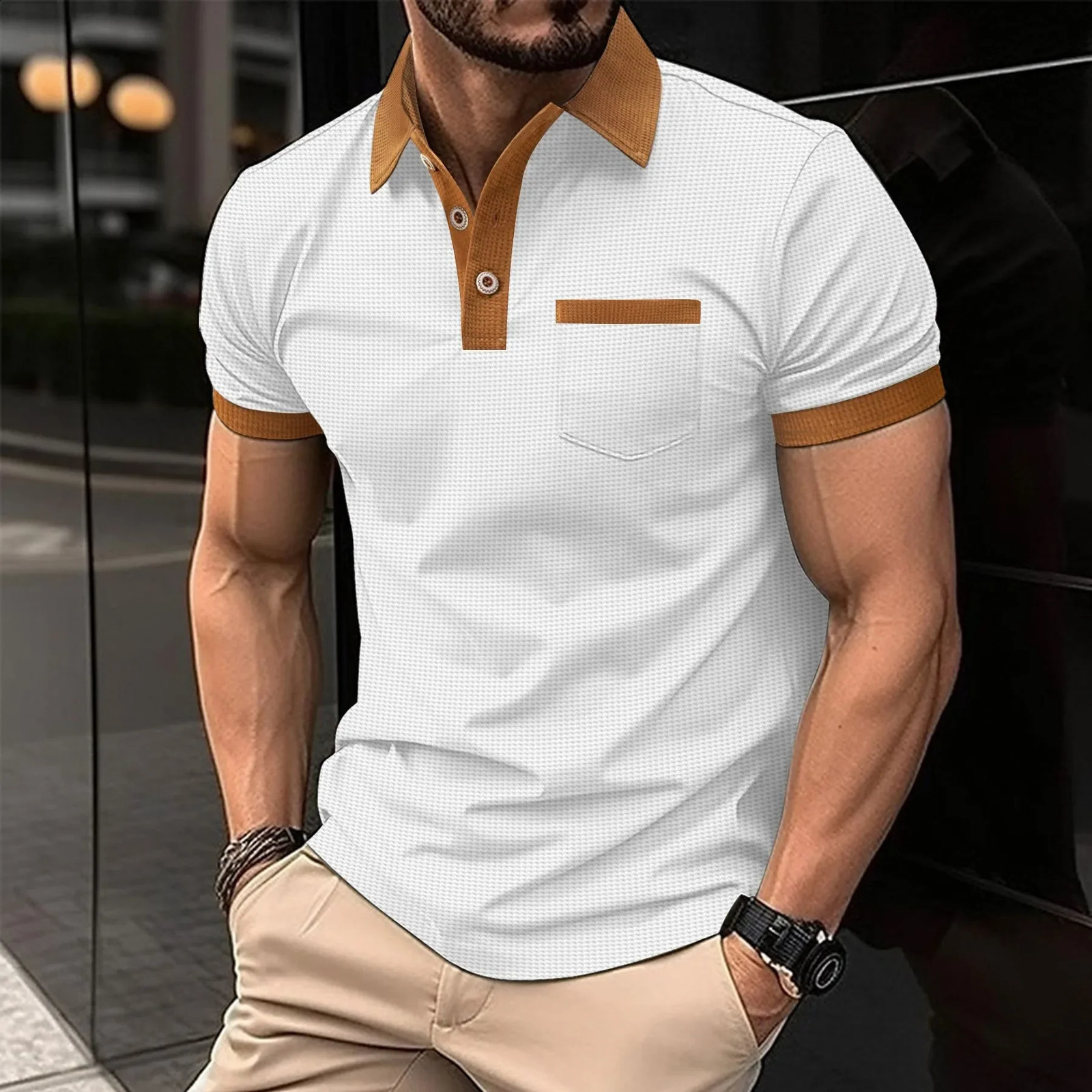 Summer Mens Short Sleeve POLO Shirt Waffle Color Chest Pocket Short Sleeve Button T-shirt Top Graphic T Shirts Men 250319