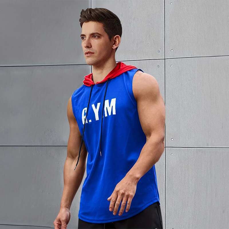 2024 New Men's Sleeveless Hooded Low Shirt Fitness Sports Tops Fashion Casual Hooded Sweat Wide Run Fitness Men Tank Top