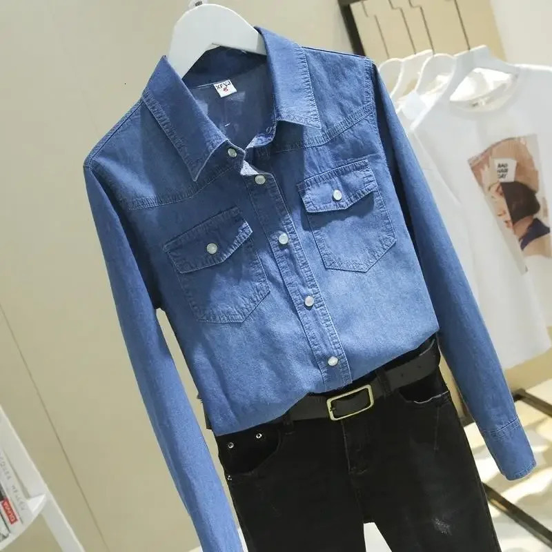 Womens shirt denim long sleeved spring outfit blue lapel shirt Blusas Mujer De Moda 250317
