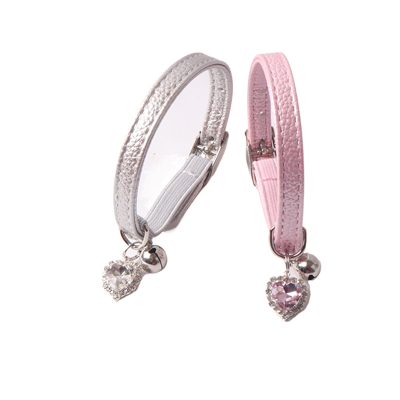 Leather Cat Collar with Bell and Extra Large Heart-Shaped Crystal Charm Cute Pet Leather Kitten Collar with Safety Elastic Strap for Boy Girl Small Ki