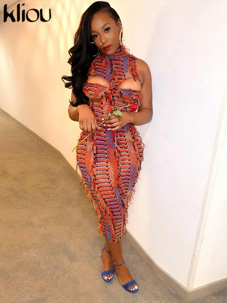 Kliou Panelled Tassel Midi Dress Womens Unique Backless Sleeveless Sexy Cleavage Skinny Vestitos Amazing Street Party 250320