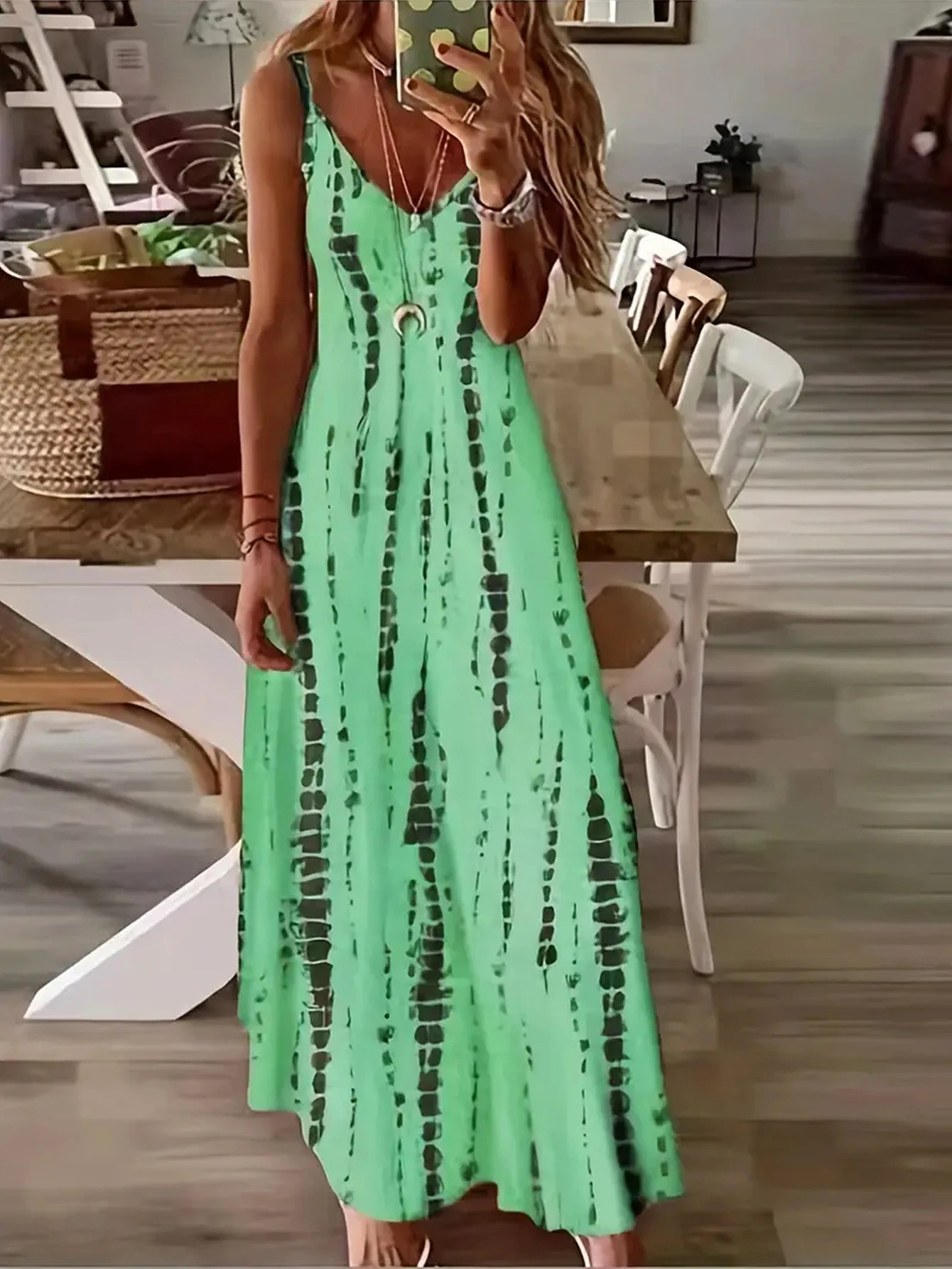 Womens casual loose V-neck tie dye printed spaghetti long skirt for summer beach vacation 250317