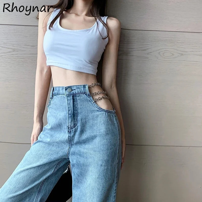 Straight jeans womens high waisted metal decorative chain hollow sexy streetwear fully matched Korean Y2K Ulzzang BF 250320
