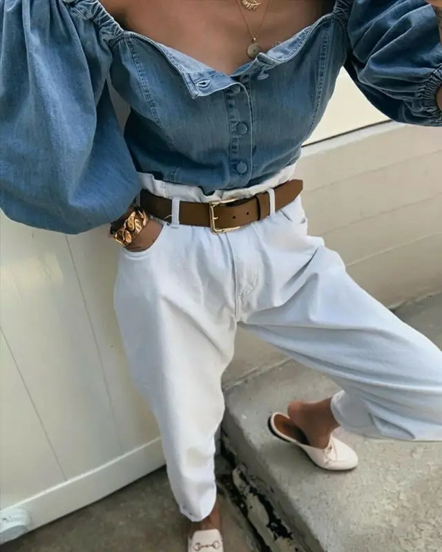 Retro womens button denim shirt casual shoulder half lantern sleeve loose floral top 250317
