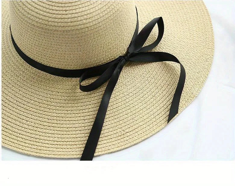 Big Eave Straw Hat Womens Black Bow Edge Sunscreen Folding Beach Hat Outdoor Seaside Vacation Fashionable and Elegant 250320